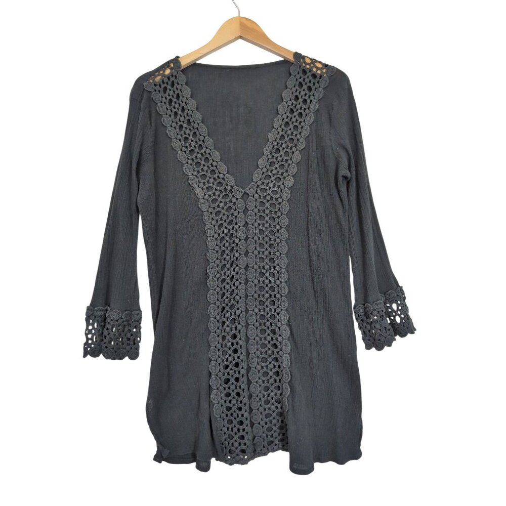 Raviya Swim Tunic Dress Cover Up Womens S Black V-Neck‎ Crochet Detail